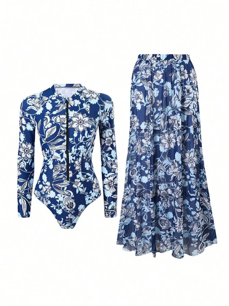 Vintage Green Leaves Print One Piece Swimsuit Long Skirt Sets Women Long Sleeve Zipper Slim Fit Bathing Suit Surf Swimwear 2026