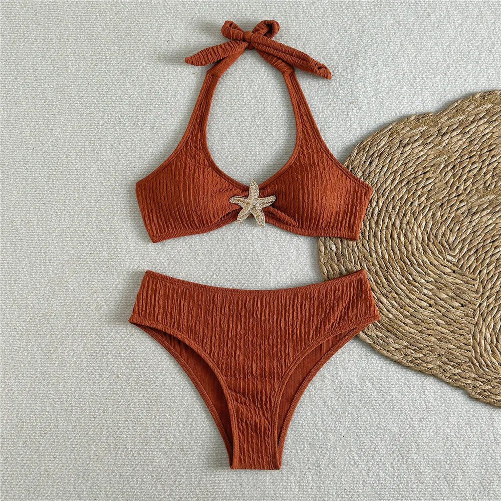 Solid Green Swimwears Metal Starfish Sexy Halter Bikinis Sets Swimsuit Woman 2026 Bathing Swimming Suit Brazilian Bikini Mujer