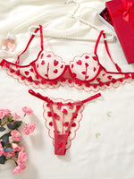 Valentine's Day exclusive red heart embroidery lingerie set-Sexy see-through mesh gathered bra thong set for two pieces ZA825203