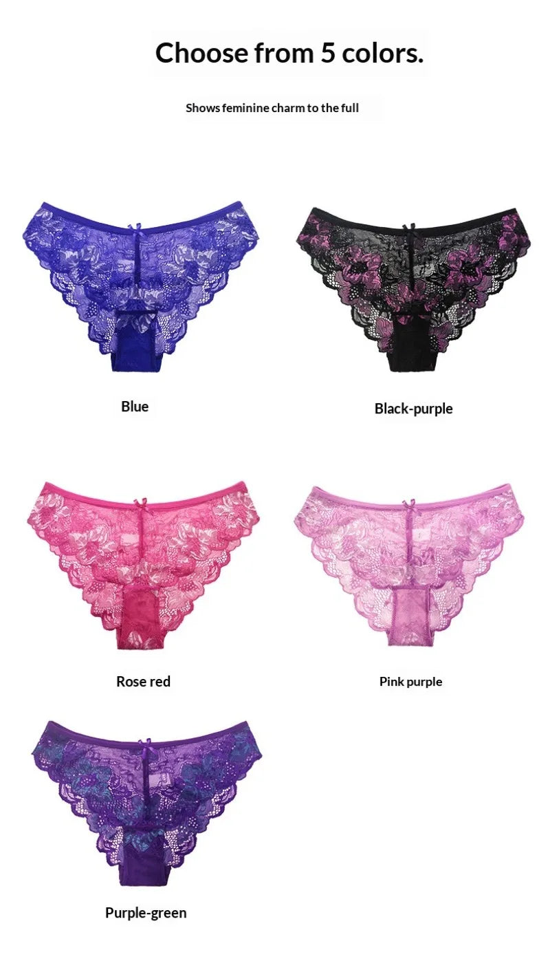 5pcs Lace Sexy Women Panties Mid Waist Perspective Floral Ladies Briefs Breathable Comfortable Female Underwear