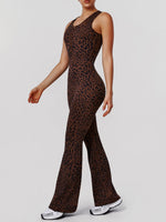 Sexy Brown Leopard Print Yoga Jumpsuit Women Hollow Out Backless Sleeveless Slim Gym Running One Piece Flare Pants Sports Suit