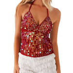Women's Halter Neck Vest Summer Sleeveless Open Back Slim Fit Tie Up Sequins Tank Tops