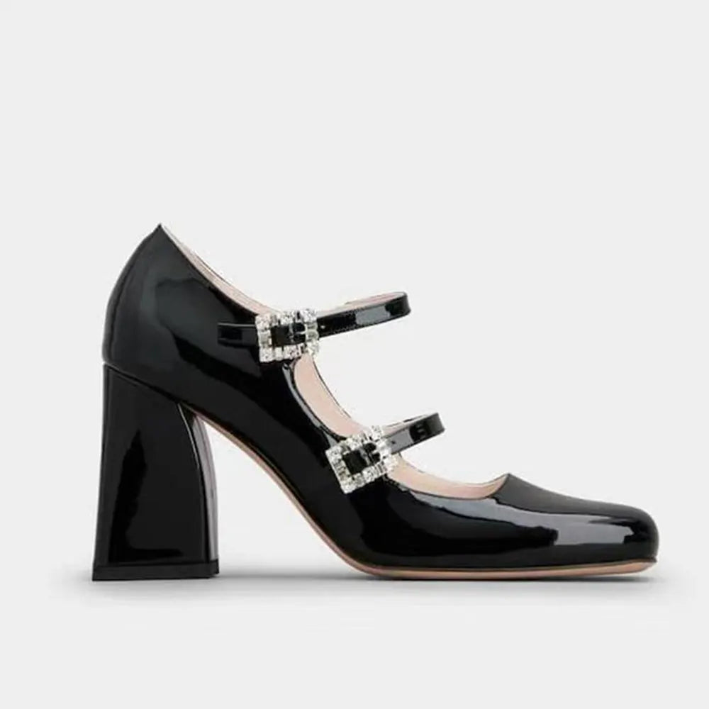 2026 Brand Design Women's Mary Janes Heels Shoes Summer Vintage Black Shoes Sweet Elegant Crystals Rhinestones Lady Pumps