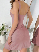 Women'sMini Sleep Dress Sexy Ribbed Lace Trim Nightgown Bodycon Strap Sleepwear Button Front Lingerie
