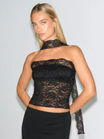 FDYOUI Woman Clothes Summer Bandage Lace Corset T-shirt 2026 Sexy Off Shoulder See-through Crop Tops Evening Party Top Black