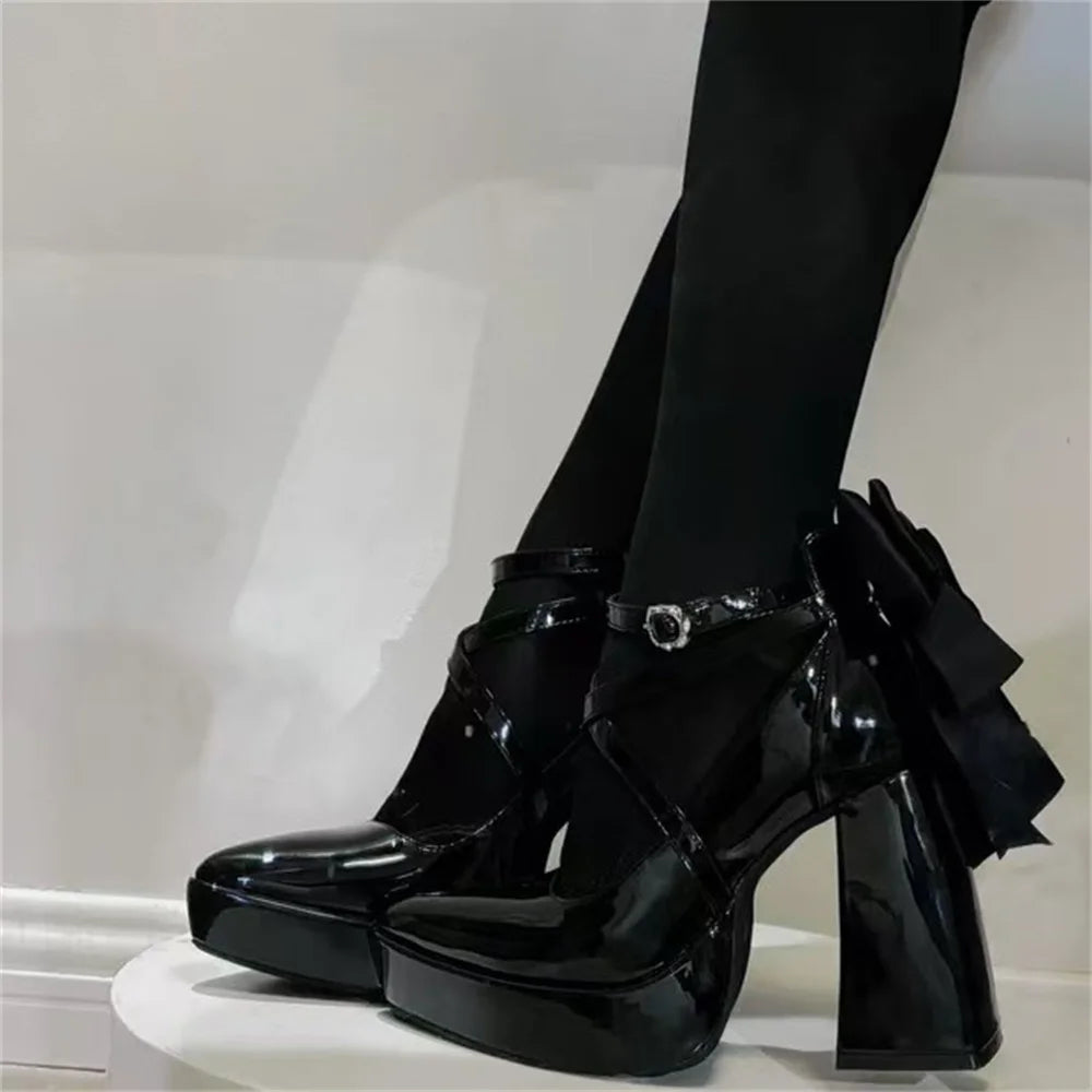 Big Size 42 Black Gothic Cross-strap High Heels Pumps Lolita Bow Tie Chunky Heels Platform Heeled Mary Jane Goth Shoes Women