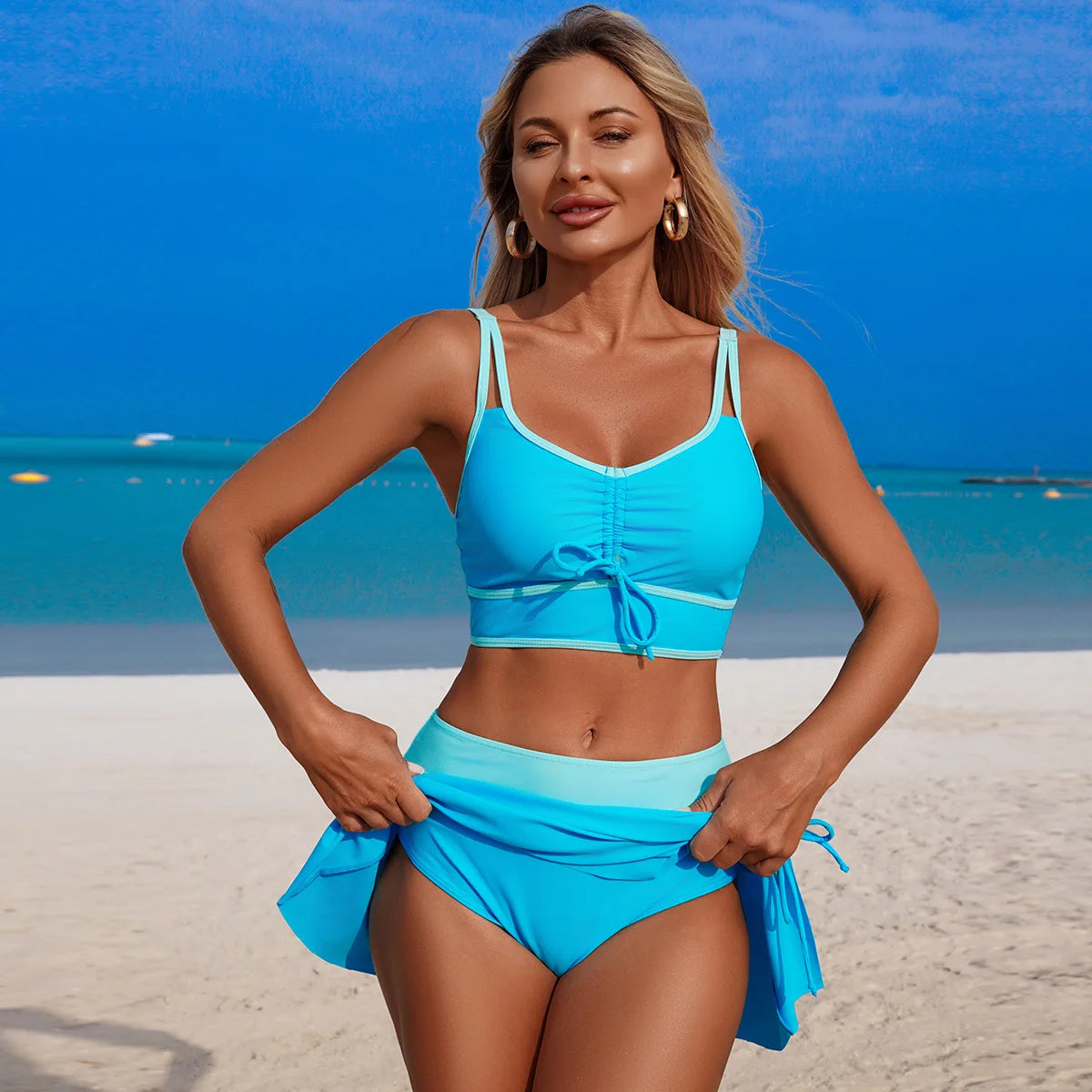 Vintage Black Patchwork Bikini Set 2026 Women Drawstring Pleate Push Up Sports Bra Swimwear Skirt High Waist Two Piece Swimsuit