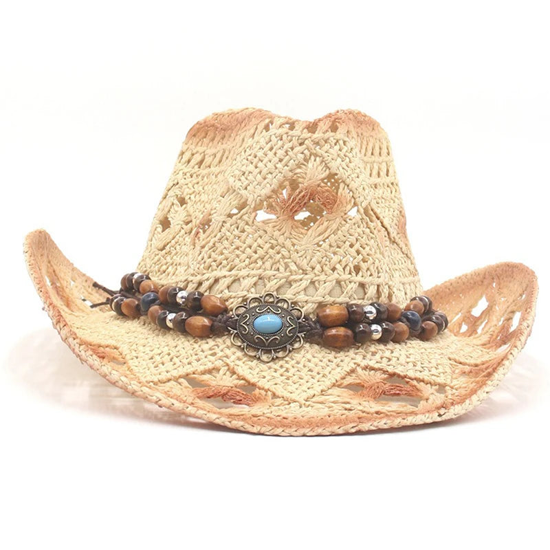 Women Cowboy Hat Creative Curled Straw Hollow Design Ethnic Style Beads Chain Decoration Shade Straw Hat Summer Sun Cap