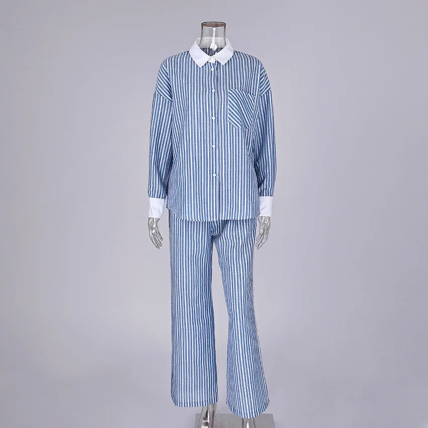 Women Autumn Winter Color Block Striped Pajama Set Skin Friendly Loose Long Sleeve Pants Two Piece Ladies Homewear Sleepwear
