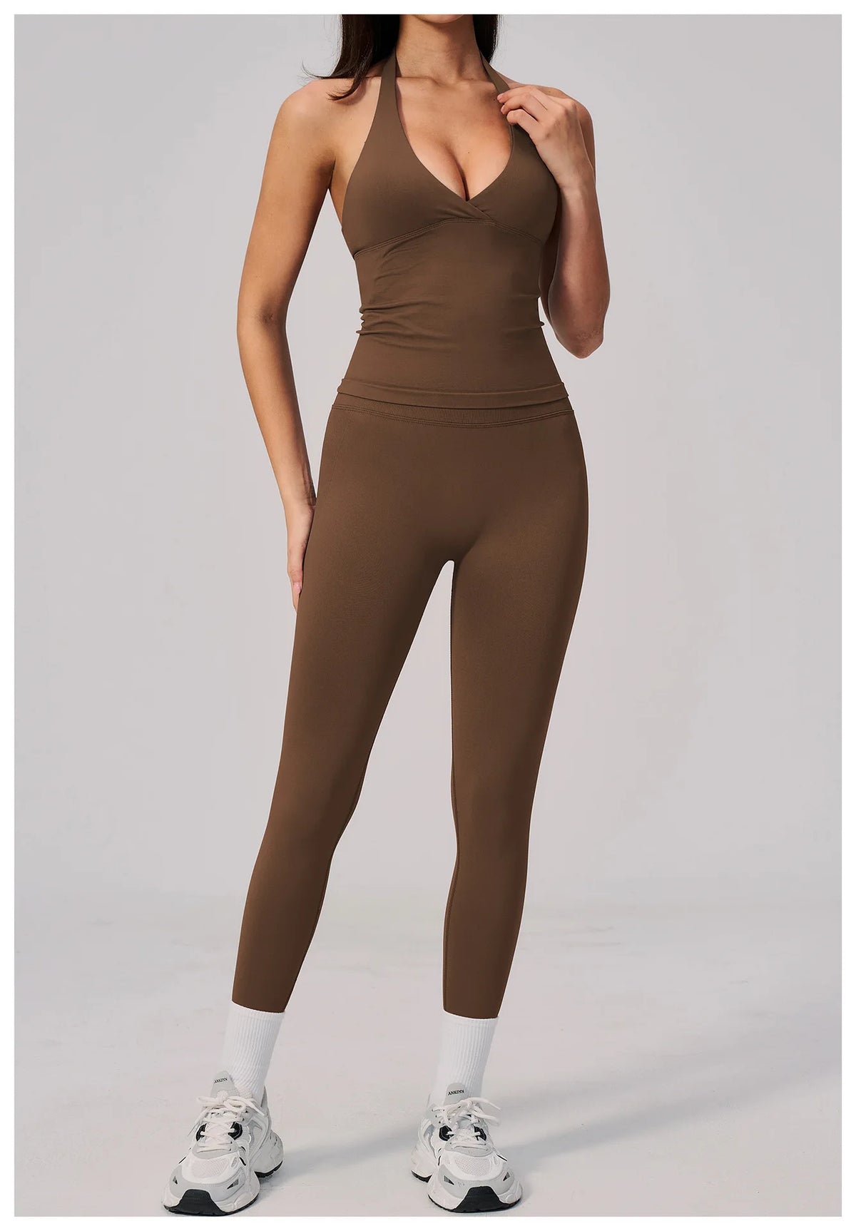 Summer Seamless Yoga Sets Women V Neck Slim Sports Tank Top Fitness Suit Peach Hip High Elasticity Leggings Running Tracksuit
