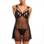 Black Floral Lace Striped Sheer Mesh Babydoll Lingerie Set Slip Nightdress With Matching Thong Women Sexy Sleepwear ZA825066