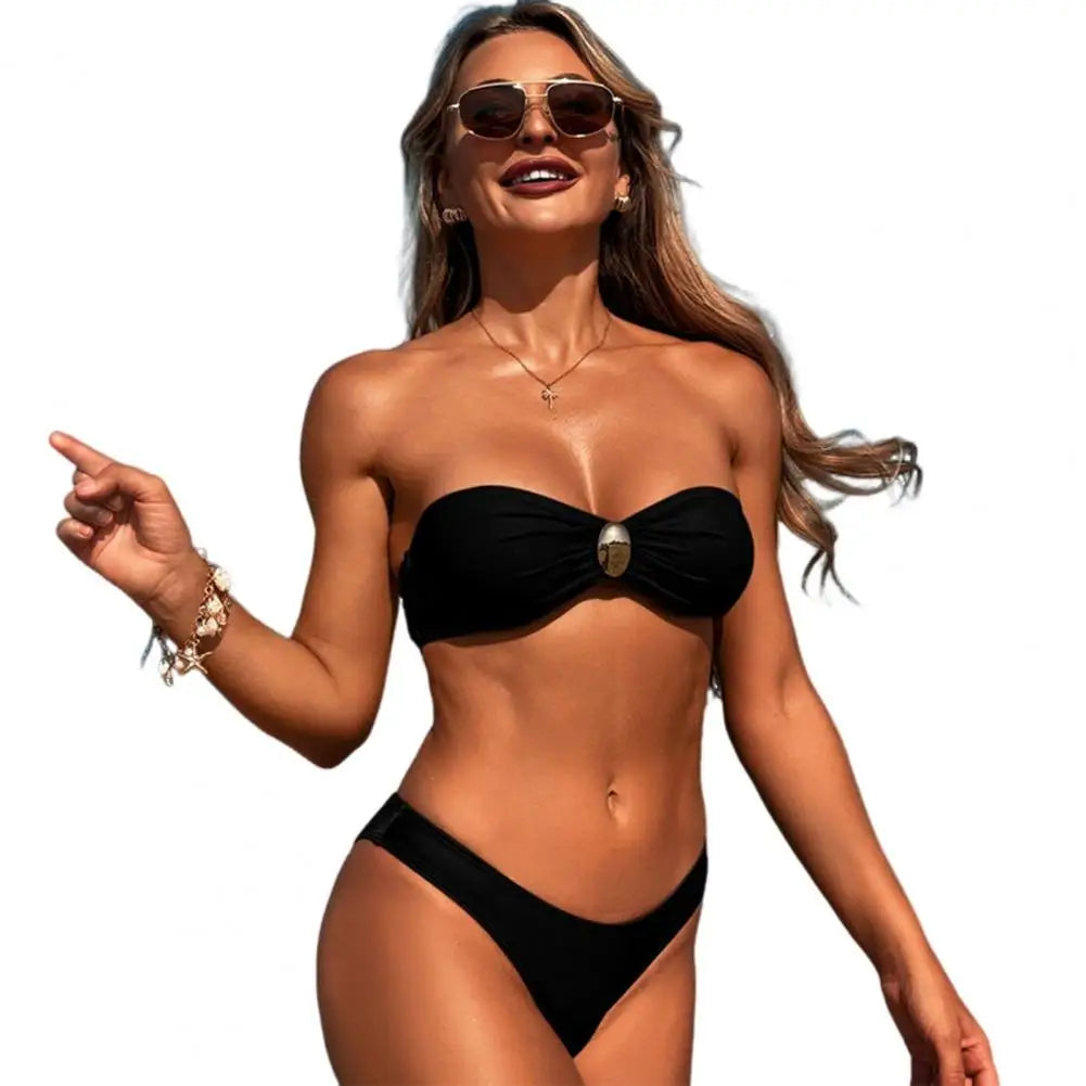 2Pcs/Set Women Swimwear Solid Color Split Design Bikini Set Bandeau Padded No Wire Bra High Waist Swimming Trunks Set Swimsuit