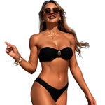 2Pcs/Set Women Swimwear Solid Color Split Design Bikini Set Bandeau Padded No Wire Bra High Waist Swimming Trunks Set Swimsuit