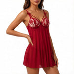 Ladies' Wine Red Countryside Style Wheat Ear Embroidery Semi Transparent Nightgown, Elegant and Comfortable, Bow Design ZA825066