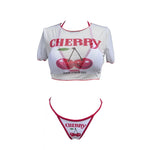 XS - L Cherry Printed Short Sleeve Bikini Female Swimsuit Women Swimwear Three-pieces Bikini set Bather Bathing Suit Swim V6854