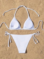 New Women Swimsuit Ribbed Backless Pads Bikini Set Halter Triangle Bra Side Tie Thong Swimwear Beachwear Lady Bathing Suit