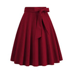 Women Skirt A-line Big Swing Belted Tight Waist Bow Decor Solid Color High Waist Soft Ruffle Summer Dating Party Midi Skirt