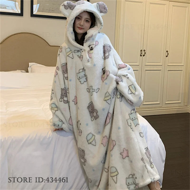Thicken Flannel Cartoon Female Long Robe Hooded Nightgown Autumn Winter Sleepwear Home Clothes Loose Coral Fleece Warm Nightwear