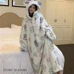Thicken Flannel Cartoon Female Long Robe Hooded Nightgown Autumn Winter Sleepwear Home Clothes Loose Coral Fleece Warm Nightwear
