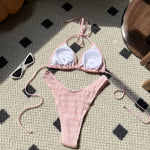 Sexy Knitted Hollow Handmade Crochet Bikini Set Women Pink Bandage Criss Cross Micro Swimsuit Bathng Suit Thong Swimwear
