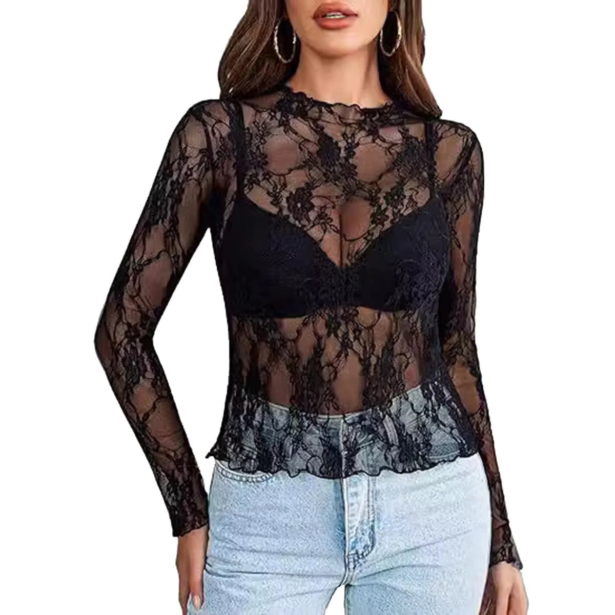 Women Mesh Bottoming Shirt See through O Neck Long Sleeve Lady Blouse Slim Fit Sexy Clear Sun Gauze Tops