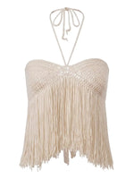 Women Tassel Hem Tank Tops Halter Open Back Sleeveless Shirts Summer Crochet Knit Crop Vest for Vacation Beach