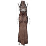 FDYOUI Women Vintage Halter Printed Long Party Club Dresses 2026 Summer Ladies Sexy Backless Lace-up Bodycon Evening Prom Dress