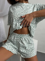 Summer Sleepwear Women Leopard Print Sexy Hottie Round Neck Short Sleeve Shorts Suit Pyjamas Set Homewear Loungewear