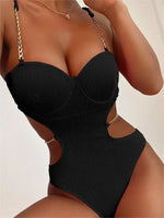 Sexy Push Up Underwire One Piece Swimsuit Women Solid Pink Metal Chain Hollow Out Ribbed Bathing Suit Backless Swimwear Monokini
