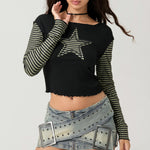 Early Autumn Punk Style Slim Fit T-shirt Women Long Sleeve Crew Neck Star Stripes Patchwork Ladies Tops for Casual Daily