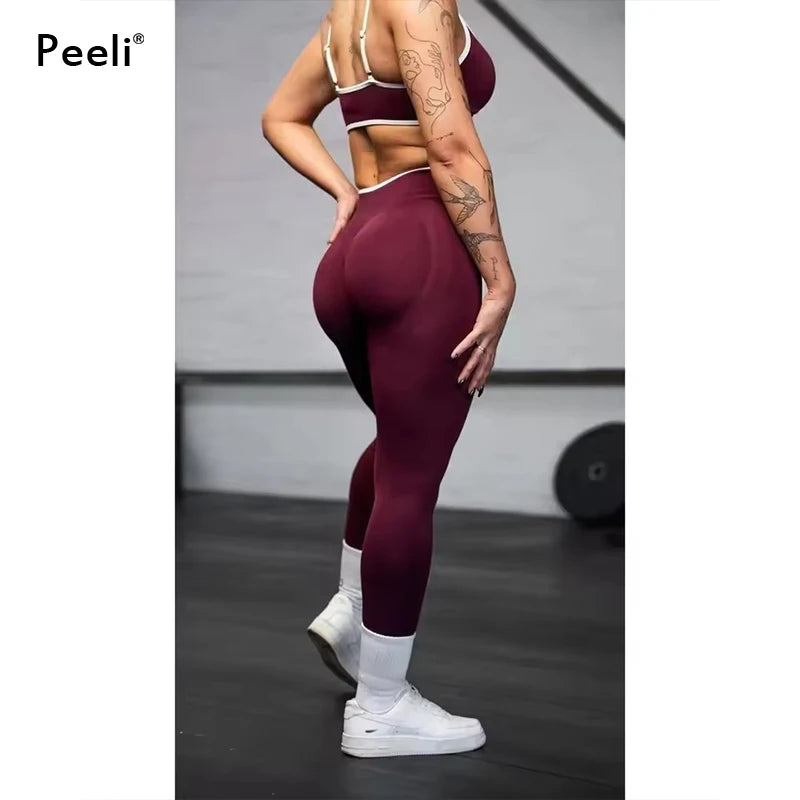 Seamless Gym Leggings Woman Solid Color Yoga Pants White Edge Waist Tight High Waist Hip Lifting Sports Pants Running Leggings