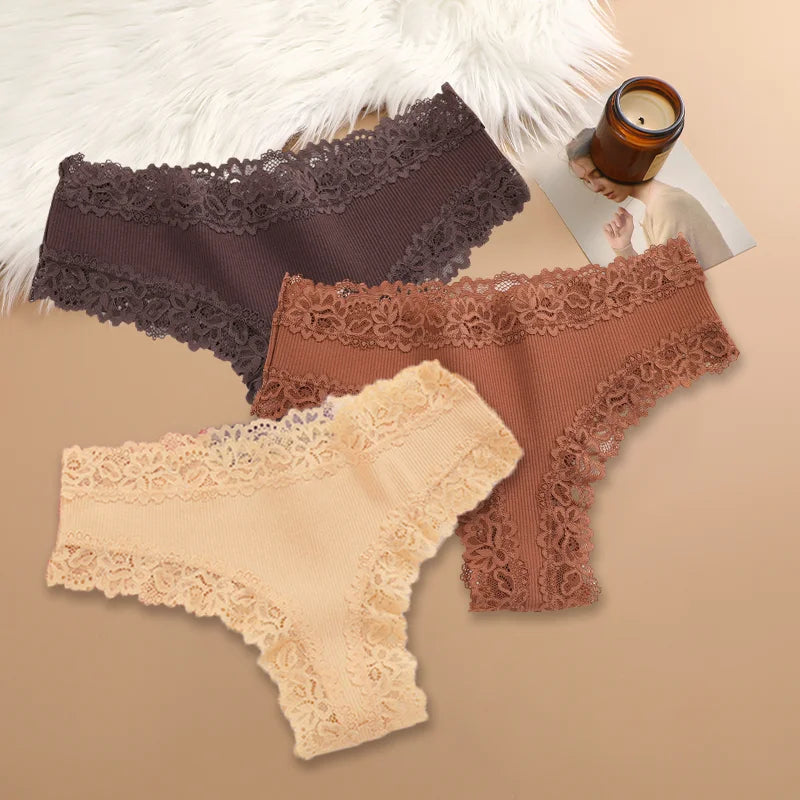 3Pcs Sexy Women Cotton Brazilian Pants Lace Brazilian Briefs Low Waist Floral Solid Color G-string Breathable Soft Lingerie