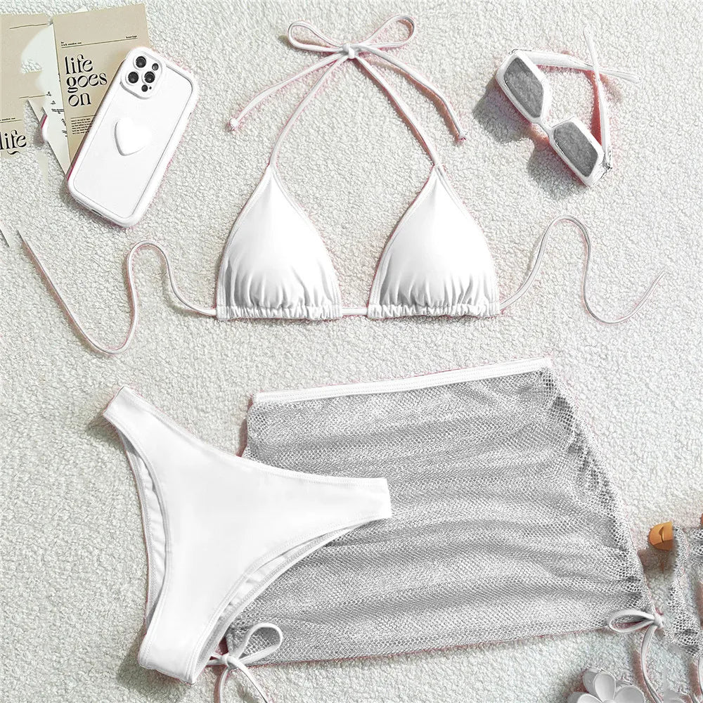 Solid Brown Swimwears String Halter Triangle 3 Piece Bikini Set Sexy Swimsuit Women 2026 Mesh Skirts Bathing Suit Bikinis Dames