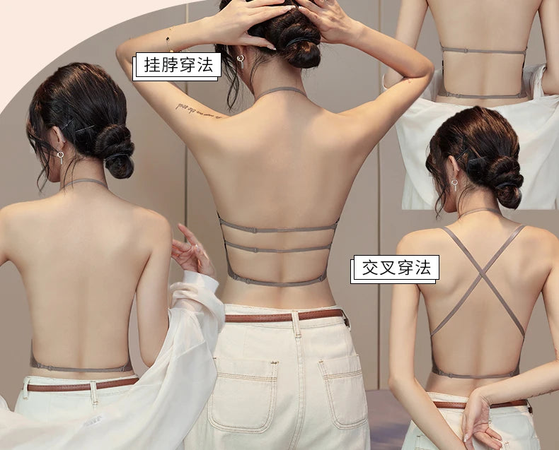 MOYISU Low Back Bra Small Chest -Thickened Pads Convertible Straps Seamless Enhancer for Dresses Elegant Exposed Shoulder Design