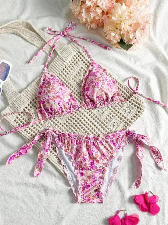 Women Cute Bikini Set 2025 New Summer Orange Floral Print Halter Ruffles Push Up Tie Side Thong Swimsuit Bathing Suit