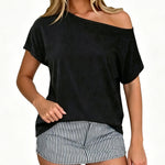 Women Off Shoulder T-shirt Loose Fit Short Sleeve Boat Neck Going Out Tops Casual Summer Shirts Streetwear