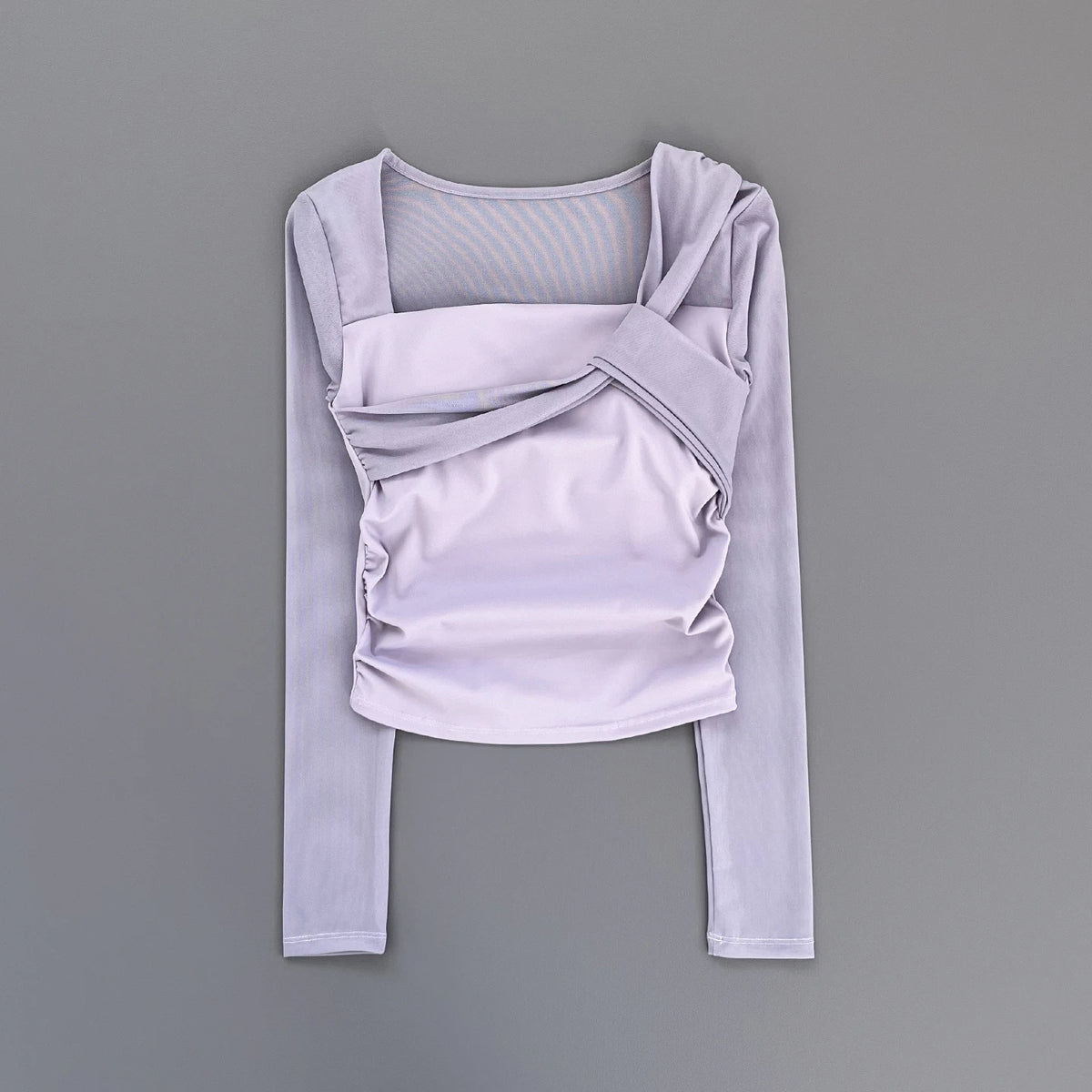 Women Square Neck Mesh Long Sleeve Yoga Top Shoulder Twist Side Ruched Soft Breathable Fitness Sports Tee ****