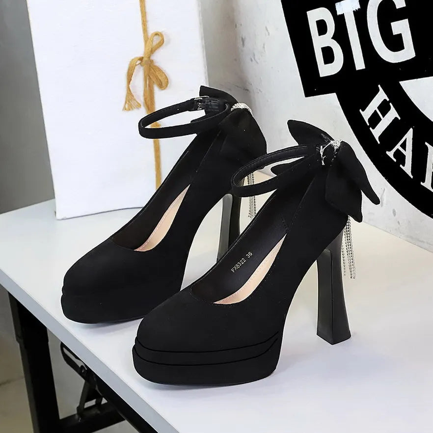 BIGTREE Women's Pointed Toe High Heels Back Bowknot Elegant Flock Ankle Strap Pumps for Women Black Dress Shoe Wedding Party