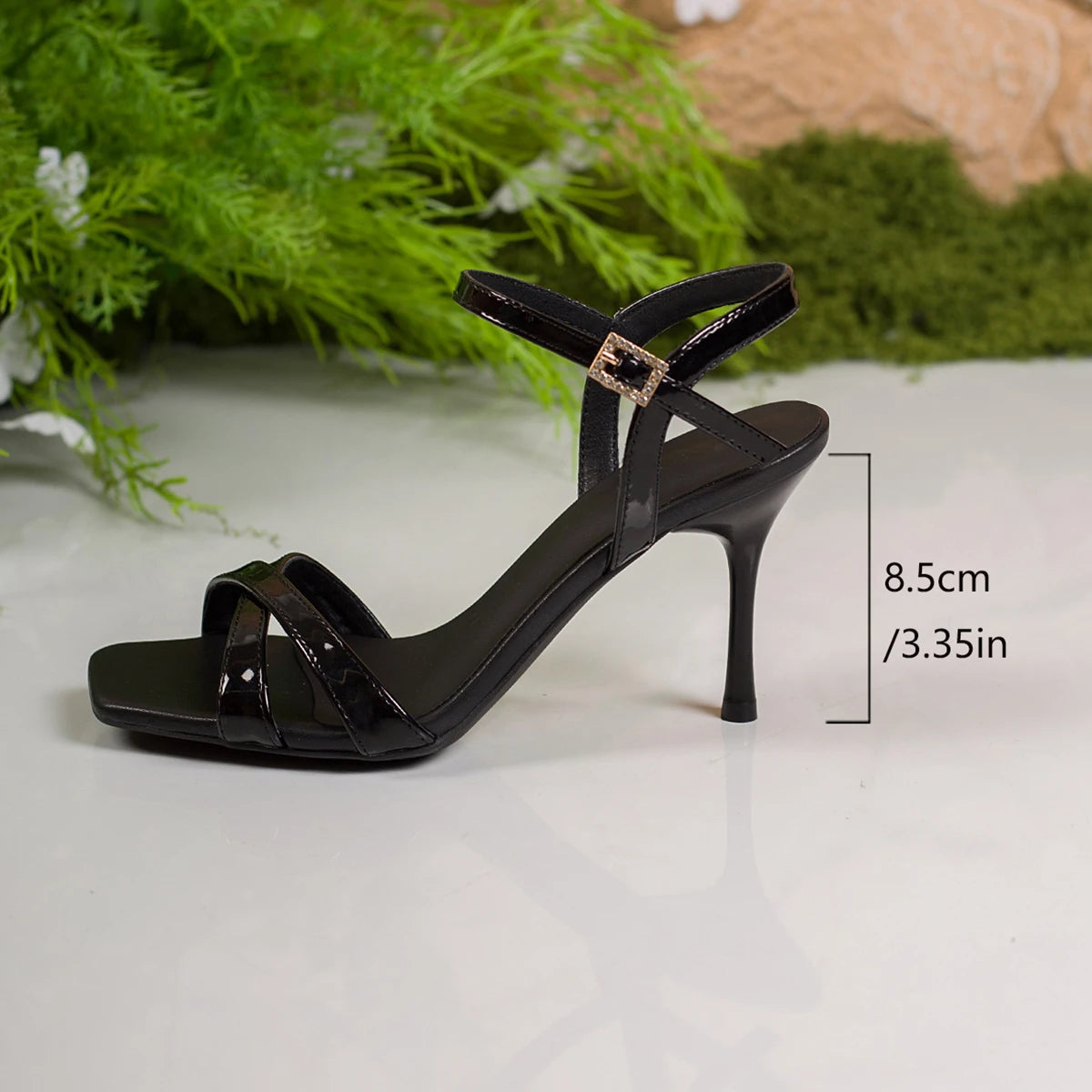 Women Crisscross Strap Square Toe Sandals Rhinestone Square Buckle Ankle Strap Stiletto Heel Wedding Party Evening Dress Heels