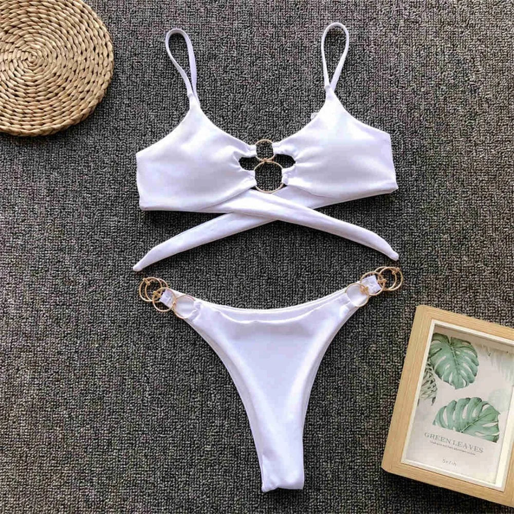 Sexy Metal Rings Leopard Brazilian Bikini Female Swimsuit Women Swimwear Two-piece Bikini set Bather Bathing Suit Swim V1441L