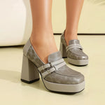 Square Toe Platform Double-Layer Buckle Shallow Sleeve Office Pumps Ultra-High Thick Heel Breathable High Heels