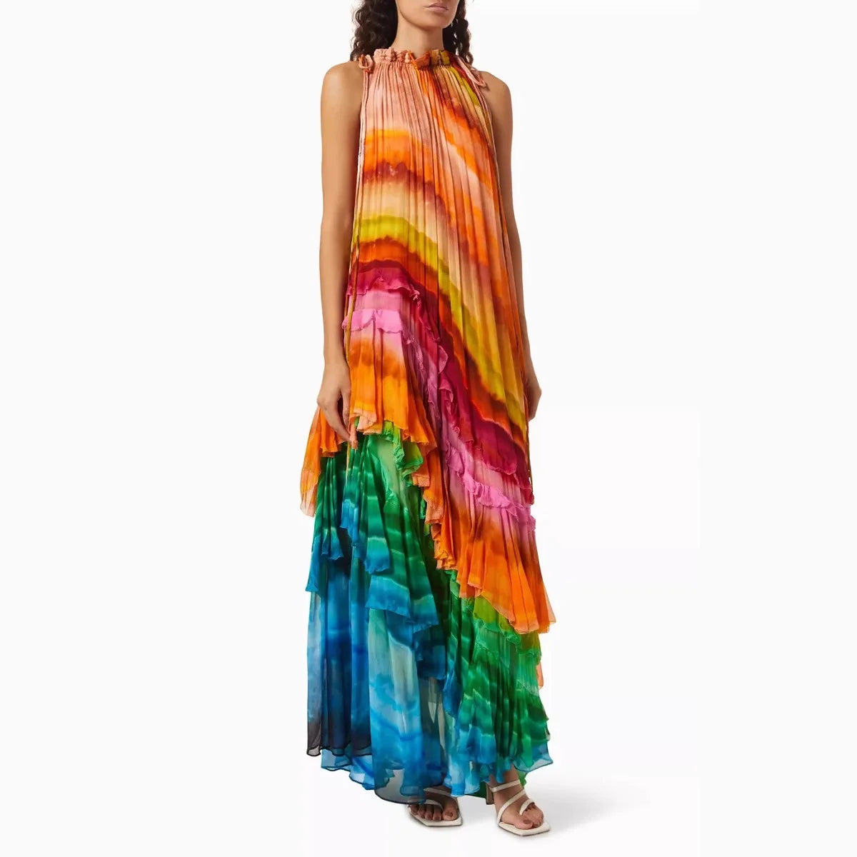 Rainbow Stripe Sleeveless Long Dresses Women Fashion Fold Layered Loose A-line Maxi Dress Temperament Lady Commuting Vestidos