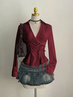 Women's Casual Side Strap Slim Fit Long Sleeve Shirt Sexy V-Neck Pleating Top Spring/Fall 2026