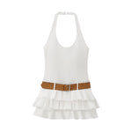 Halter Backless White Summer Women's Dress Sleeveless Beach Boho Short Mini Tierred Dresses with Shorts New Dress with Belt
