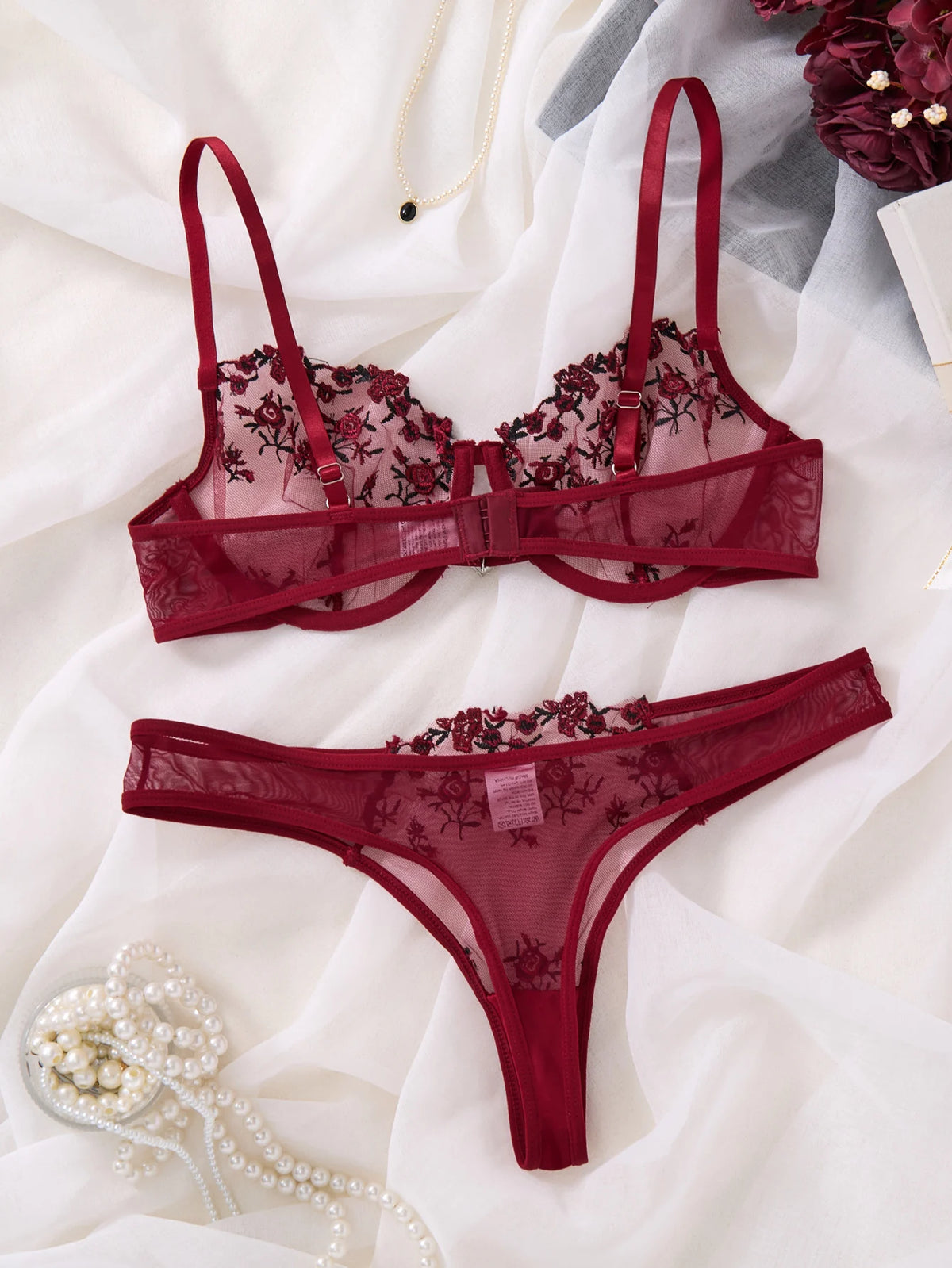 Romantic wine red rose embroidery lingerie set - see-through netting bra - casual erotic women's lingerie ZA824026