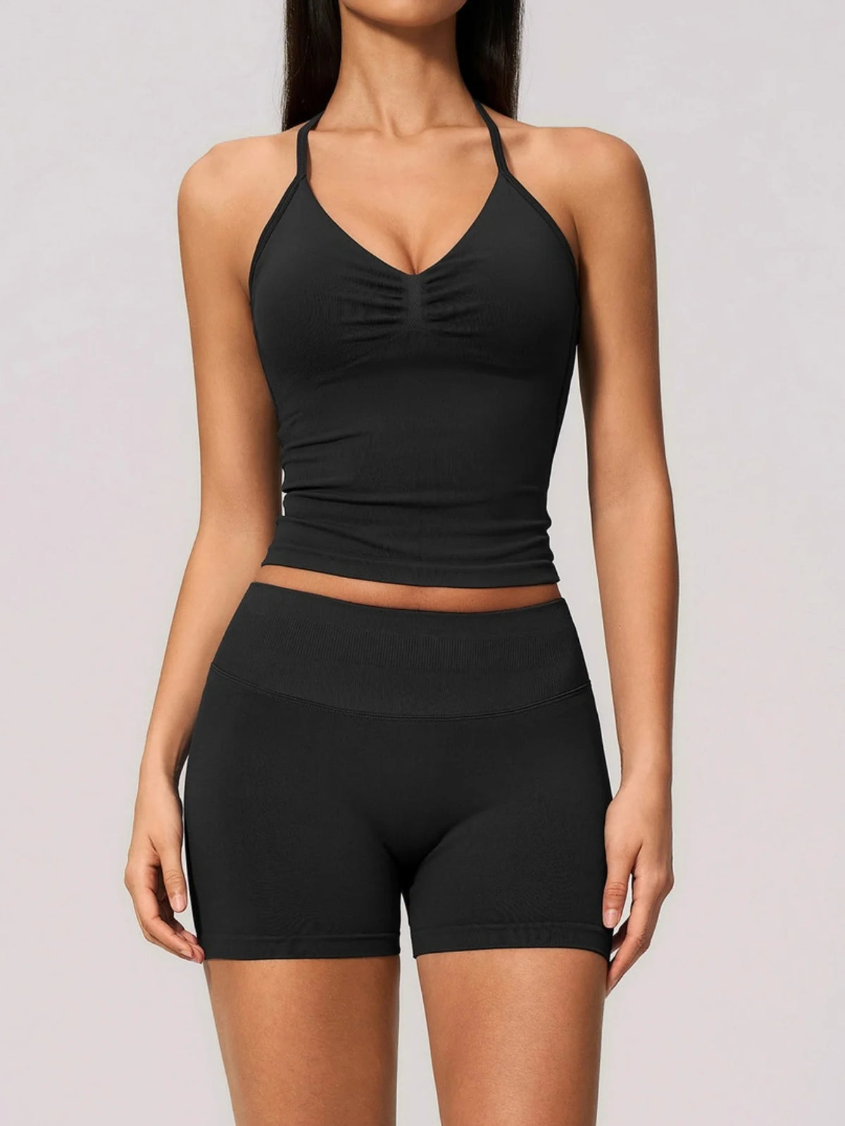 2pcs Seamless Lycra Sports Yoga Sets Women's Hanging Neck Tank Top High Elasticity Hip Lifting Shorts Workout Outfits Tracksuit