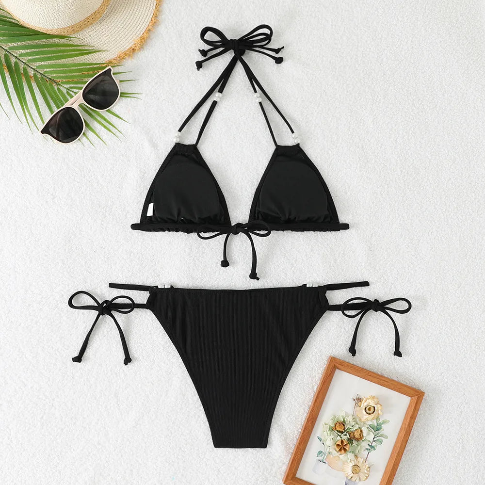 Sexy Orange Bikini 2025 Women Pearls Strap Push Up Drawstring Side Thong Swimsuit Luxury Lace Up Beach Bathing Suit Swimwear
