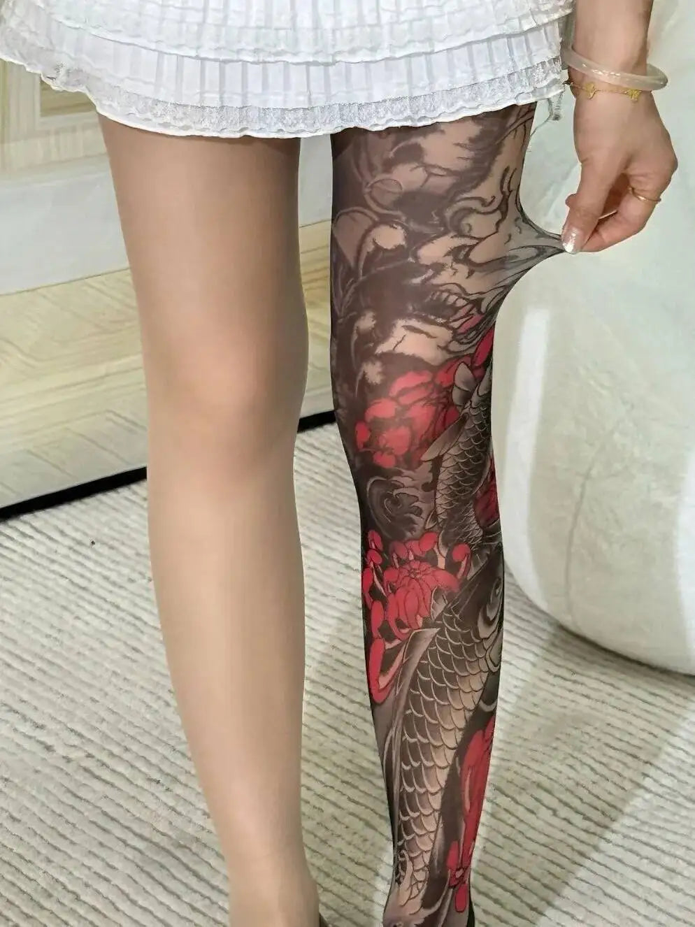 Peony Flower Leg Tattoo Stockings Summer Thin Pantyhose Long Socks With Patterns On One Side And Solid Color On The Other NTNG