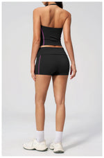 2PCS Women Yoga Sets Color Contrast Hanging Neck V Neck Slimming Sports Tank Top Flip High Waist Shorts Gym Running Fitness Suit