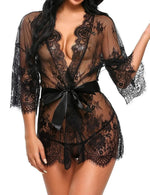 Women Sexy Lingerie Erotic Transparent V-Neck Nightwear Babydoll Robe G-string Costume Kimono Robe Lace Sleepwear Dress
